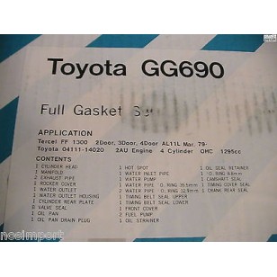 Toyota Tercel Corsa 2AU 1300cc  FULL Engine Gasket Set     non-US    1979-1982